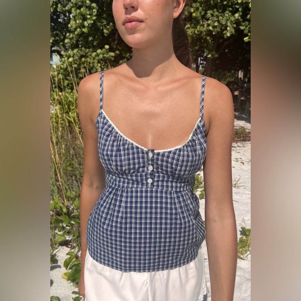 Brandy Melville Blue Gingham Tiffany Spaghetti Strap Top